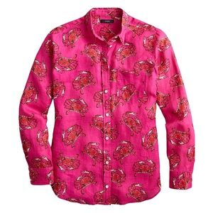 J.Crew 100% Linen Hot Pink Crab Print Button Down Shirt XS NWOT Coastal Resort